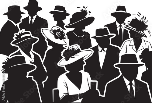 People silhouette at horse racing event in vector illustration with crowd wearing hats