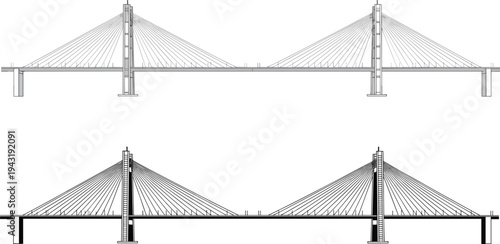 Cable stayed bridge engineering outline, modern suspension bridge structure vector illustration, architectural infrastructure design, transportation construction blueprint style technical drawing