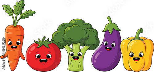 Kawaii Vegetable Character Collection Featuring Smiling Carrot Tomato Broccoli Eggplant and Yellow Pepper for Fun Childrens Nutrition Design