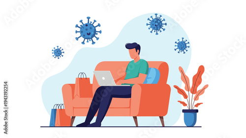 Contemporary illustration of a man working comfortably on a laptop at home amidst floating coronavirus icons, representing remote work during the pandemic.