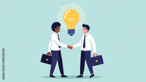 Two diverse businessmen shaking hands under a bright lightbulb, symbolizing a successful partnership, innovative ideas, and collaborative success.