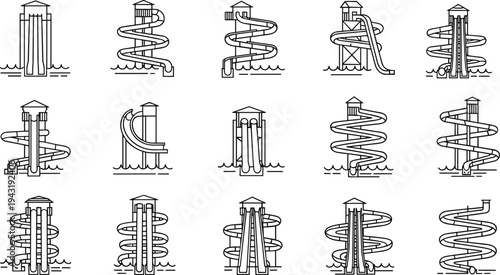 Water park slide tower icons set, spiral and straight aqua park slides, swimming pool attractions, waterpark equipment outline vector illustration