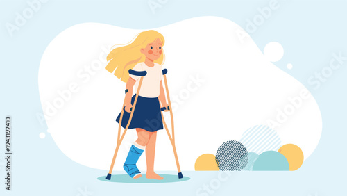 Brave young girl with a leg cast and crutches, confidently walking and smiling, recovering from an injury on a light blue background.