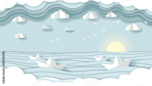 Serene landscape of white paper boats gracefully floating on gentle wavy water, under a soft sky with clouds, sun, and seagulls.