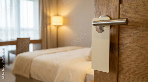An open hotel room door, with a 'do not disturb' sign, reveals a cozy room.