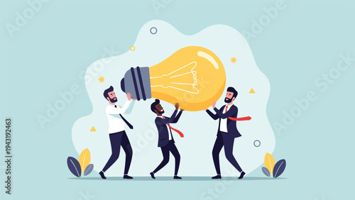 Three diverse businessmen collaboratively carrying a large glowing lightbulb, symbolizing teamwork, innovation, and a shared pursuit of bright ideas.