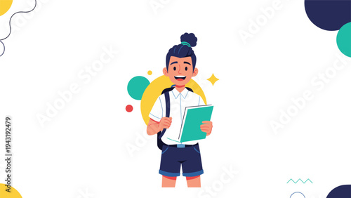 Modern cartoon illustration of a happy boy student with a stylish top bun hairstyle, wearing a backpack and holding a book, ready for school.