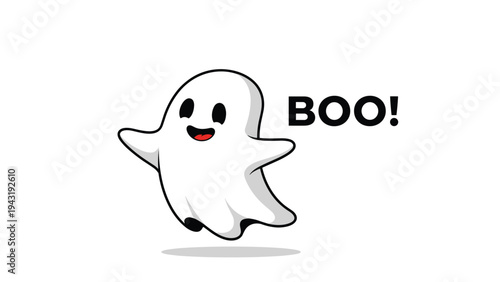 Adorable cartoon illustration of a friendly ghost floating happily with the word "BOO!" next to it, perfect for Halloween greetings.