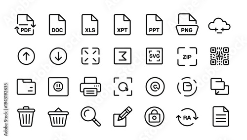 Comprehensive set of file type, document management, and digital action line icons for web and app interfaces.
