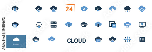 Modern cloud computing icon set for data storage, network security, and digital services, illustrating global connectivity and information management.