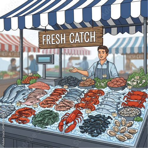 Fishmonger Selling Fresh Seafood at Market Stall.