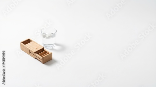 A light brown wooden pill organizer with a sliding lid next to a clear glass of water on a plain white surface