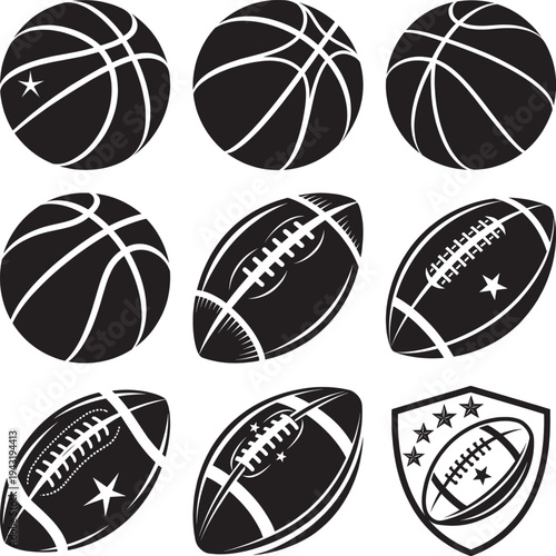 Black and white basketball and football with stars msea set sports game