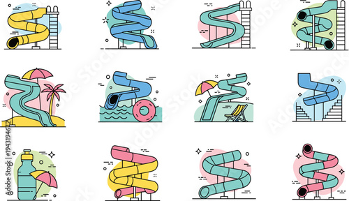 Water slide icon set, aqua park attraction illustrations, swimming pool slides, summer vacation recreation, colorful line vector collection, waterpark entertainment concept