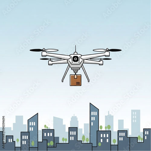 Drone Delivering Package Over City Buildings.