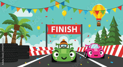 Cute cartoon race cars crossing finish line with confetti, colorful kids racing scene, playful vehicles illustration for children