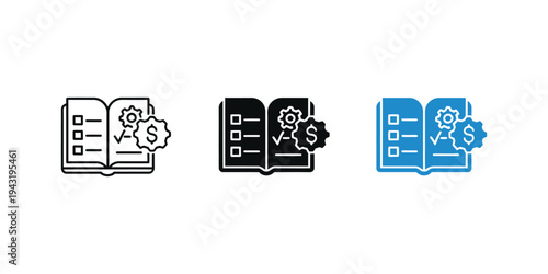 Minimalist line icon set, illustration of open book with financial symbol and checklist elements, suitable for education, accounting, business planning, documentation concept.