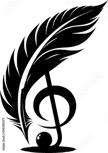 Musical Melody Pen: A monochrome, artistic representation of a musical note, artfully combined with a quill pen. The image is a harmonious fusion of melody and expression.