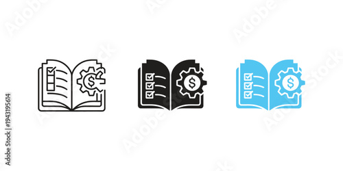 Minimalist line icon set, illustration of open book with financial symbol and checklist elements, suitable for education, accounting, business planning, documentation concept.