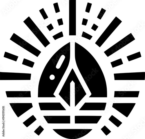 Geometric Symbol: A minimalist design featuring a central, teardrop-shaped element radiating lines, suggesting growth, energy, or a core concept.