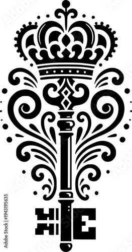 Ornate Key Emblem: A regal and intricate black and white emblem featuring a stylized key with a crown and decorative flourishes, symbolizing access, power, or heritage.