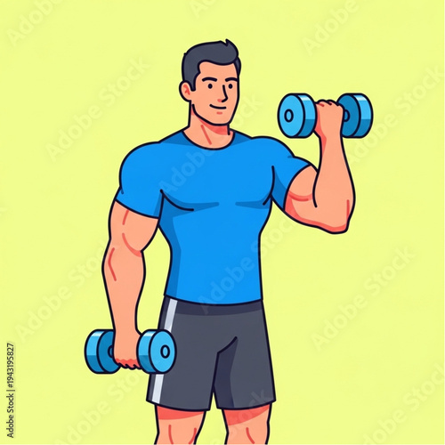 Man Lifting Dumbbells in Cartoon Style.