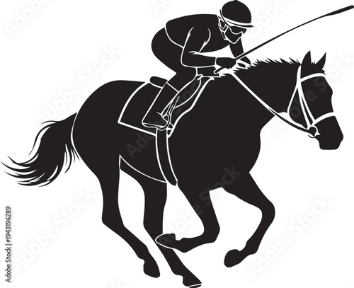 Silhouette of jockey riding racehorse vector illustration line art
