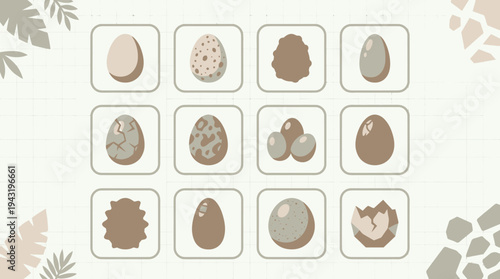 An icon set of various dinosaur eggs hatching in different stages.