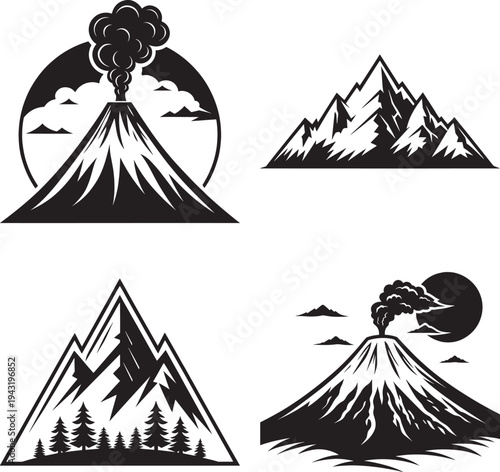 Black and white of erupting volcanoes with mountains and clouds msea set smoke