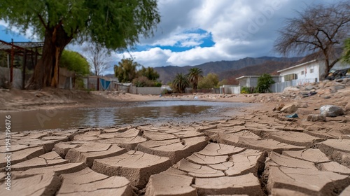 Cracked dry earth surrounds contaminated water source in marginalized community under heavy gray sky, environmental injustice visible, perfect for climate justice, pollution impact, and