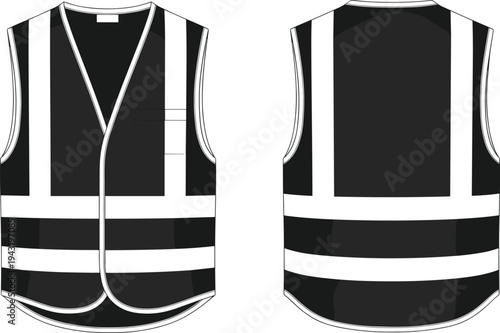 Safety reflective vest vector illustration, high visibility construction vest front and back view protective workwear isolated on white