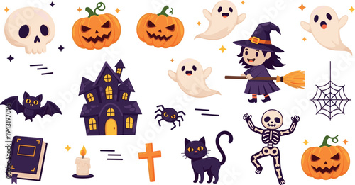 Cute Halloween cartoon collection with witch ghost pumpkin skeleton haunted house black cat bat spider vector illustration set