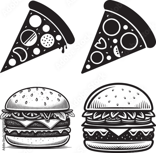 Black and white of pizza slices with various toppings and dripping cheese msea set