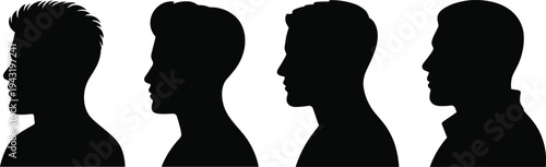 Male head silhouette, profile vector, hairstyle icon, spiked hair, rounded hairstyle, clean neckline, facial outline, man portrait, graphic design, human art