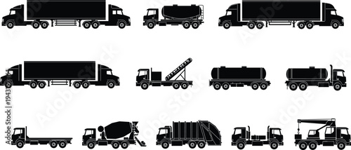 Truck silhouette collection vector illustration, cargo transport vehicles set including tanker cement mixer crane and garbage truck, logistics transportation icons