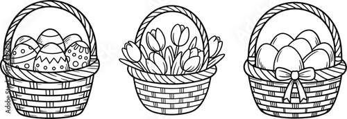 Easter basket collection with decorated eggs and spring tulip flowers, line art vector for coloring book