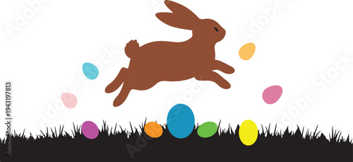 A cute cartoon Easter bunny sits in the spring grass with colorful eggs under a blue sky in this happy holiday vector illustration
