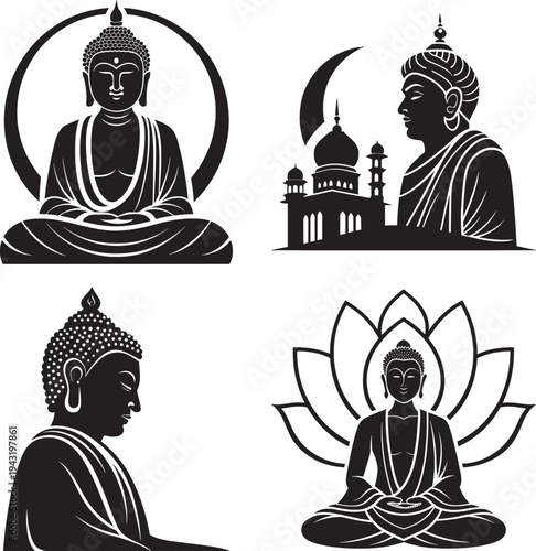Black and white silhouette of buddha meditating in four different poses with spiritual symbols msea set