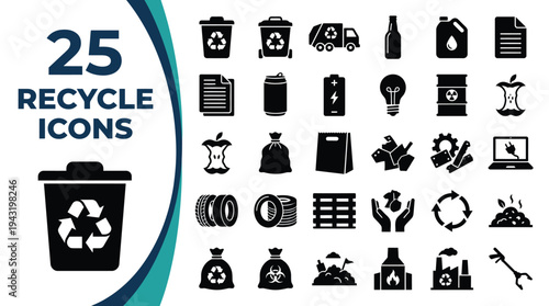 A collection of 25 recycling and waste management icons.