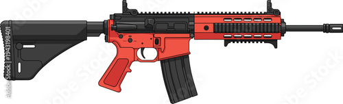 Detailed vector illustration of modern AR‑15 style semi‑automatic rifle with red and black components, collapsible stock, and tactical rail system