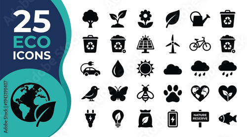 Collection of 25 eco-friendly icons representing nature and sustainability.