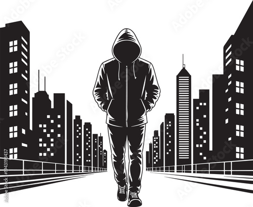 Mysterious hooded man silhouette walking down central city street between tall skyscrapers