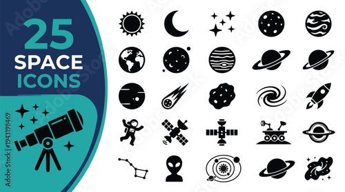Collection of 25 space icons including planets, rockets, and astronauts.