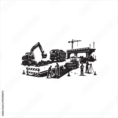  Road construction silhouette infrastructure development scene