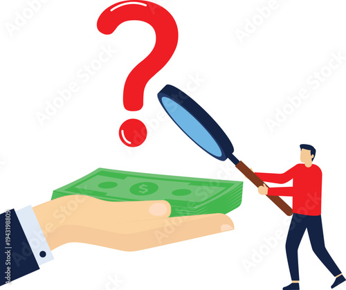 The problem of money, the problem of investment and economic development, financial policies and solutions, the hand holding a magnifying glass to analyze the gold coin held in the other hand

