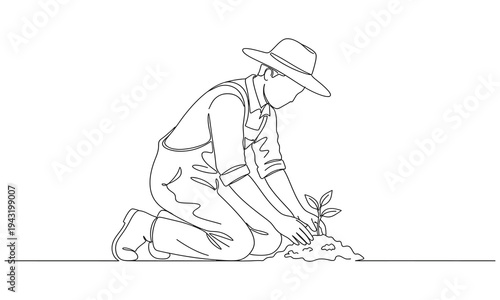 Single continuous line drawing young male farmer planting plant shoots in the ground. Farming challenge minimal concept. Continuous line draw design graphic illustration
