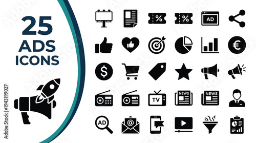 A collection of 25 advertising and marketing icons is displayed.