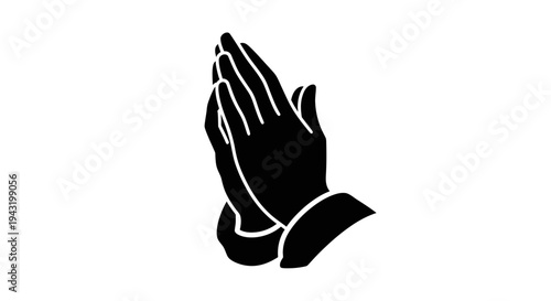A black silhouette of two hands pressed together in a praying gesture, symbolizing faith, hope, and spirituality on a white background.