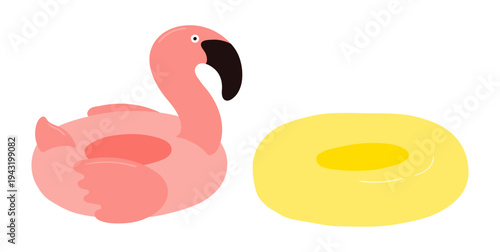 Pool float, flamingo float, inflatable ring, beach, resort objects illustration isolated set. Seasonal design element, summer holidays, vacations. Flat clip art collection, hand drawn vector