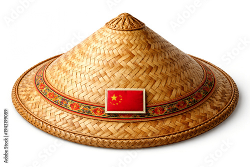 Traditional national hat from China -traditional bamboo coolie hat ,douli, representing authentic cultural heritage and craftsmanship. A small sewn fabric label featuring the China national flag.